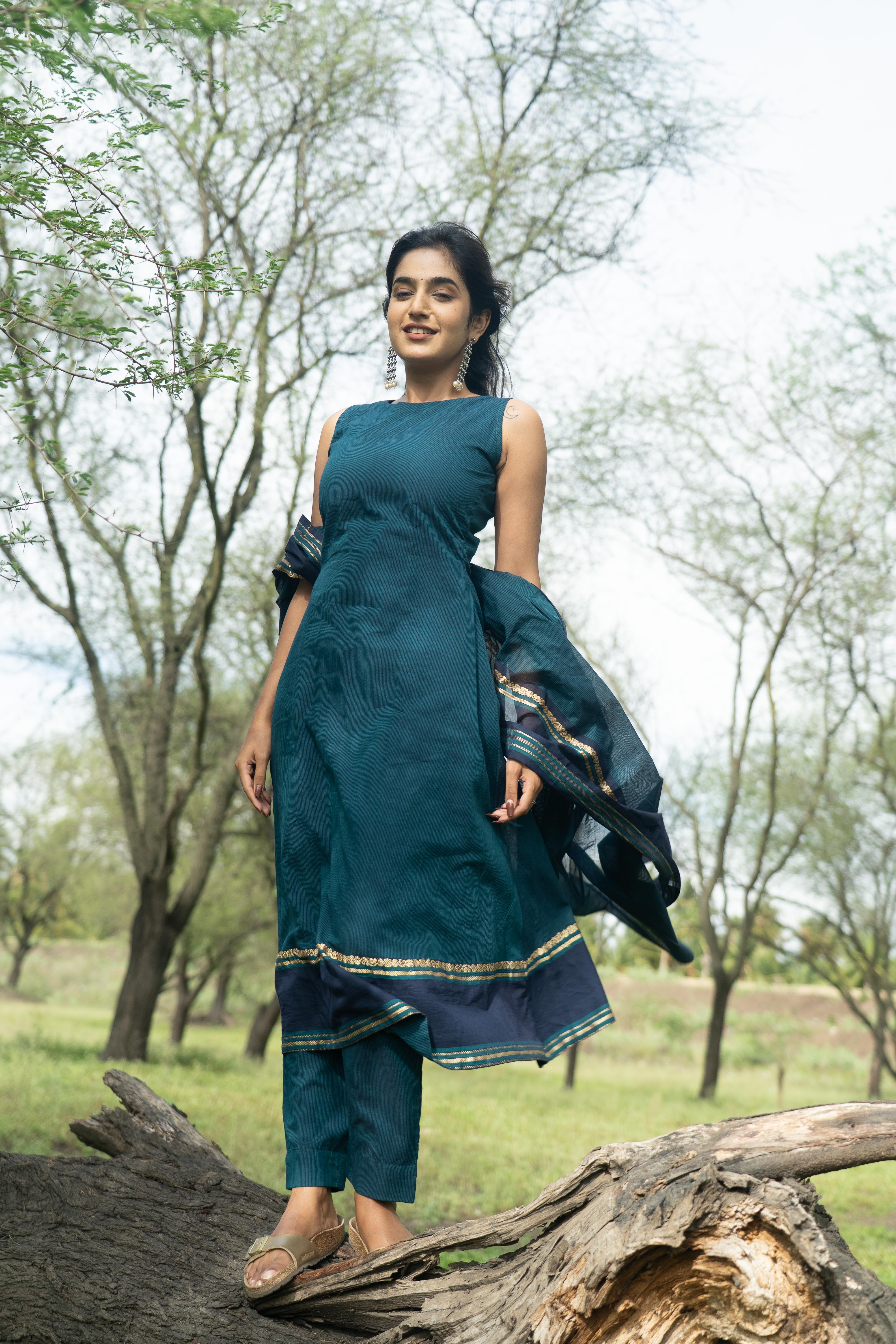 Blue Kadhambari Cotton Top & Dupatta Set